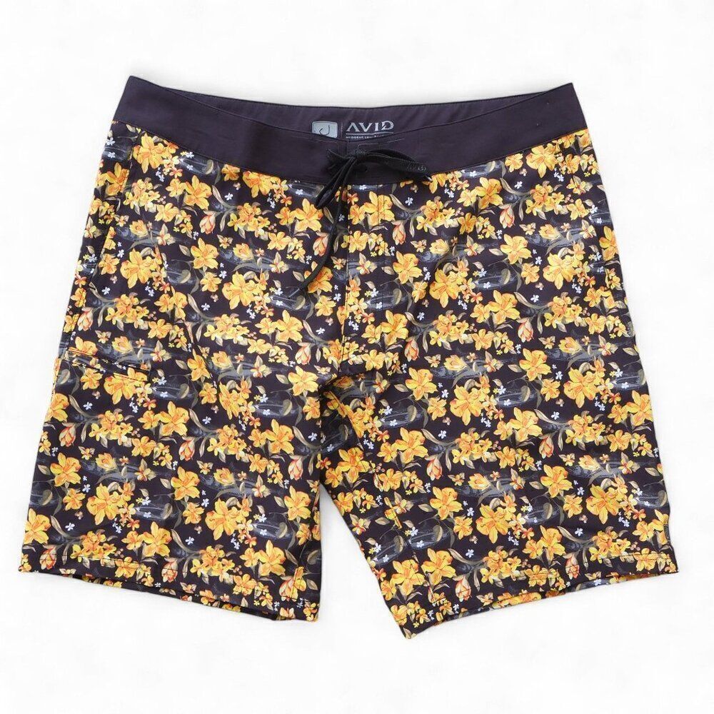 AVID Gear Quick-Dry Fish & Floral Print Outdoor Board Shorts Black / Yellow Men'